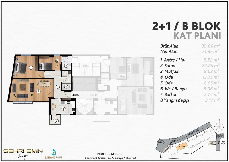 2+1 daire kat planı